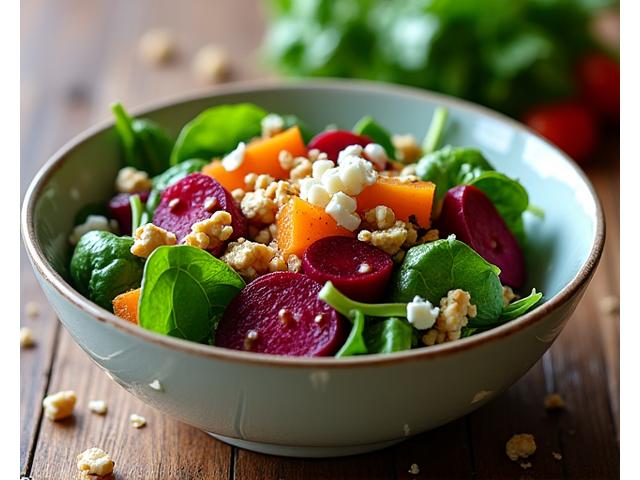 Živopisna detox salata sa cveklom, spanaćem, orasima i kozjim sirom, prelivena balzamiko dresingom.