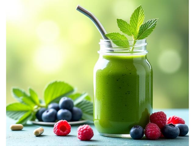 Zeleni smoothie sa svežim voćem i probiotičkim dodacima, simbolizujući trend u ishrani.
