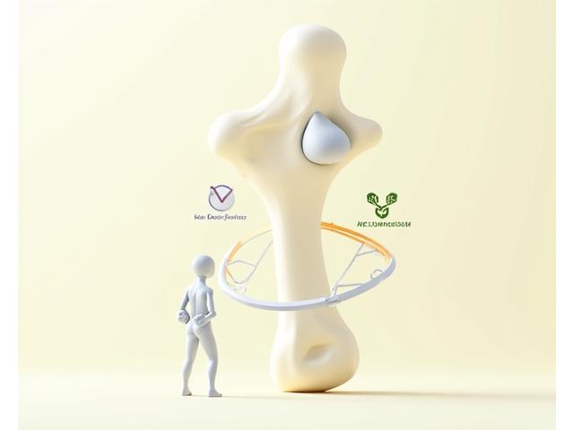 Ilustracija zdrave butne kosti sa oblačićima koji prikazuju kalcijum, vitamin D i tegovima, simbolizujući snagu i ishranu.